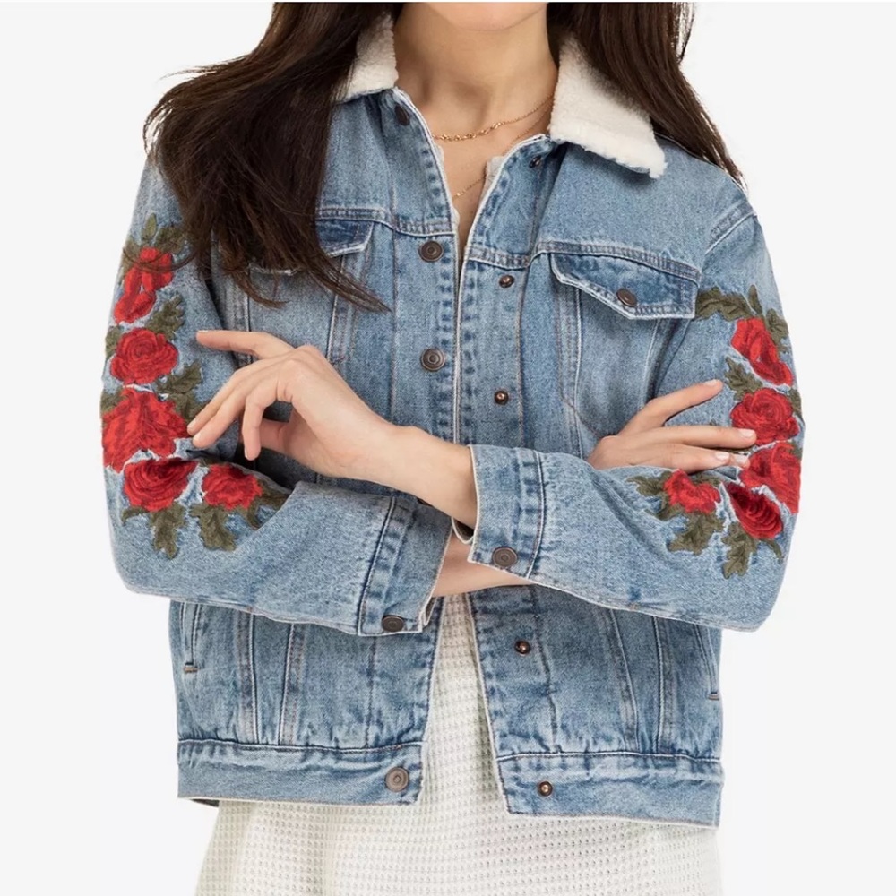 Tribal Light Blue Denim Jacket with Red Rose Embroidery